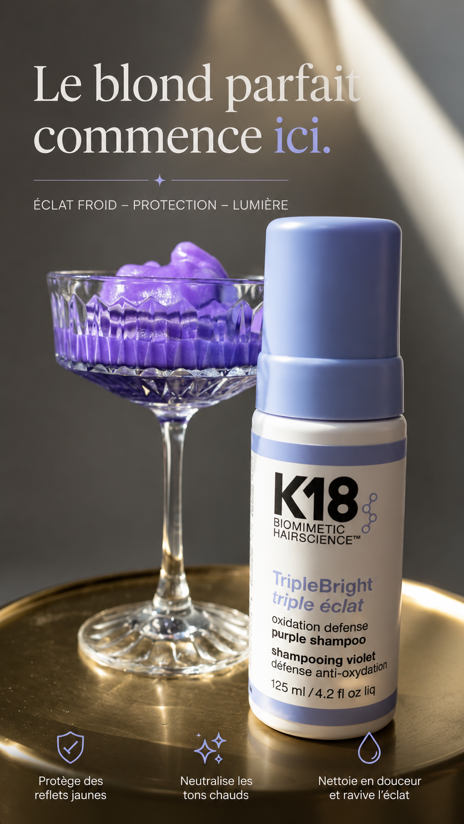 K18 TripleBright  Shampoo | Shampooing Violet Détox Éclat Blond & Cheveux Éclaircis